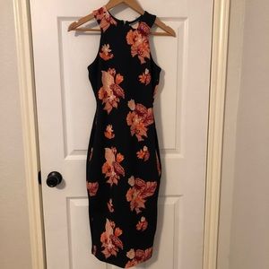 Navy floral midi body con dress